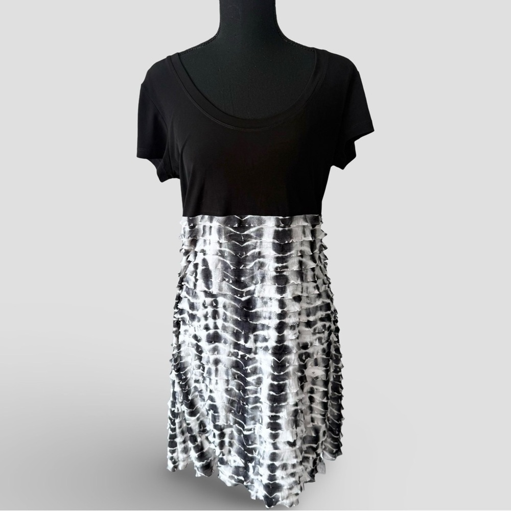 Bianca Nygard Black and White Ombre Tie-Dye Tiered Drapes Ruffles Dress